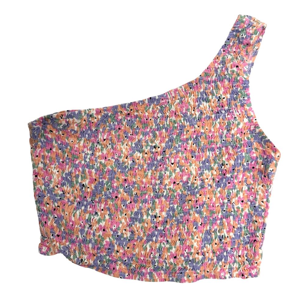 Anrabess Multicolor Smocked One Shoulder Asymmetrical Cropped Tank Top Size Smal